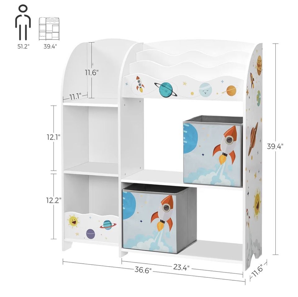 SONGMICS Toy and Book Organizer for Kids, Storage Unit with 2 Storage Boxes, for Playroom, Children’s Room, Living Room, White UGKR42WT, 93 x 30 x 100