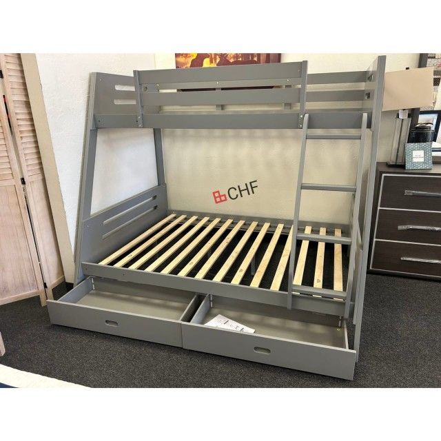 Solid Wood Twin / Full Bunk Bed With 2 Storage Drawer