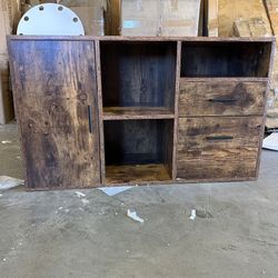 Lateral Cabinet, Large Wood Cabinet with Door 2 Drawer Shelf Vintage Brown