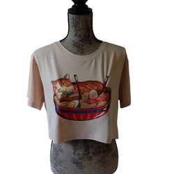 Romwe women's cat with noodles beige short-sleeve cropped t-shirt size XL 