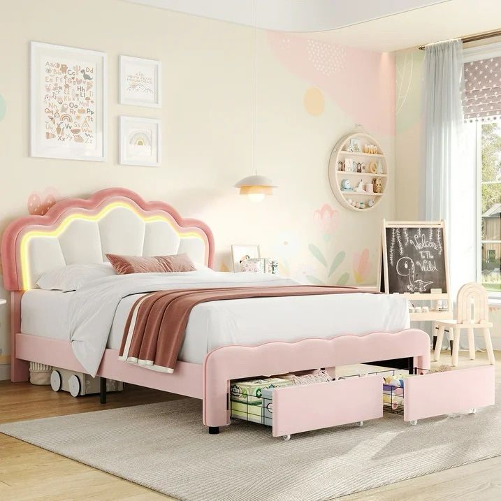 Full Size LED Bed Frame with Storage Drawer, Velvet Upholstered Platform Bed with Adjustable Petal Headboard, Pink