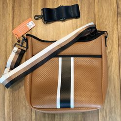 Haute Shore Blake Paris Crossbody Neoprene Camel Brown Tan White Black Stripe