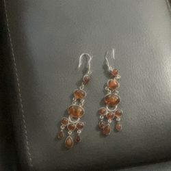 Amber Stone Silver Chandelier Earrings