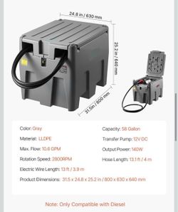 58gal Portable Diesel Fuel Tank with 12V Electric Transfer Pump and 13.1ft Rubber Hose