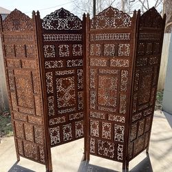 Carved Wooden Room Divider 4 Panel Folding Screen Ornate Boho