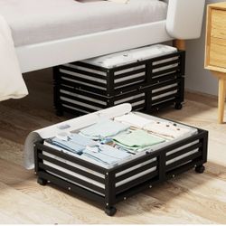 2 x Bamboo Under Bed Storage Containers- Underbed Organizer with Wheels with Large Capacity Dust Bag,Sturdy Wood Rolling Under Bed Shoe Storage Organi