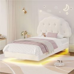 🔥Full Size Velvet Cloud Floating Bed Frame with Headboard and LED Lights, White