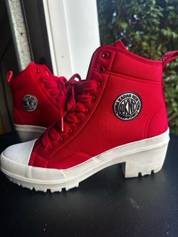 DKNY Sz 10 Pandie Lace Up Combat Lug Sole Red Nylon Logo Utility Streetwear Boot