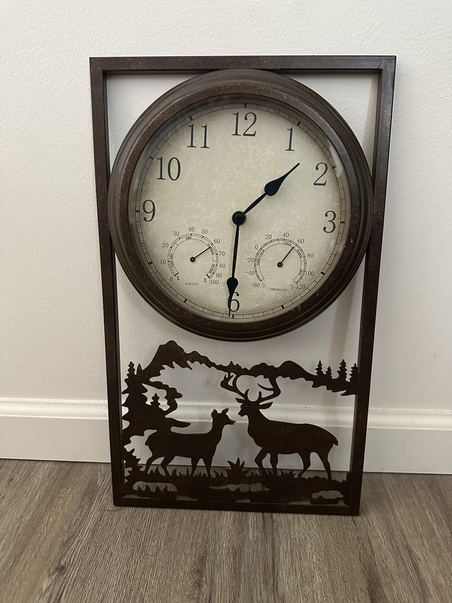 Rustic style mountain and deer silhouette clock with thermometer and hygrometer