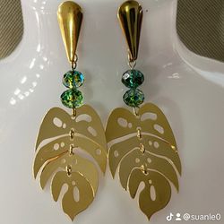 Gold Plated Monstera Leaf Earrings Green Crystal Beads large gold stud earrings. tropical statement earring