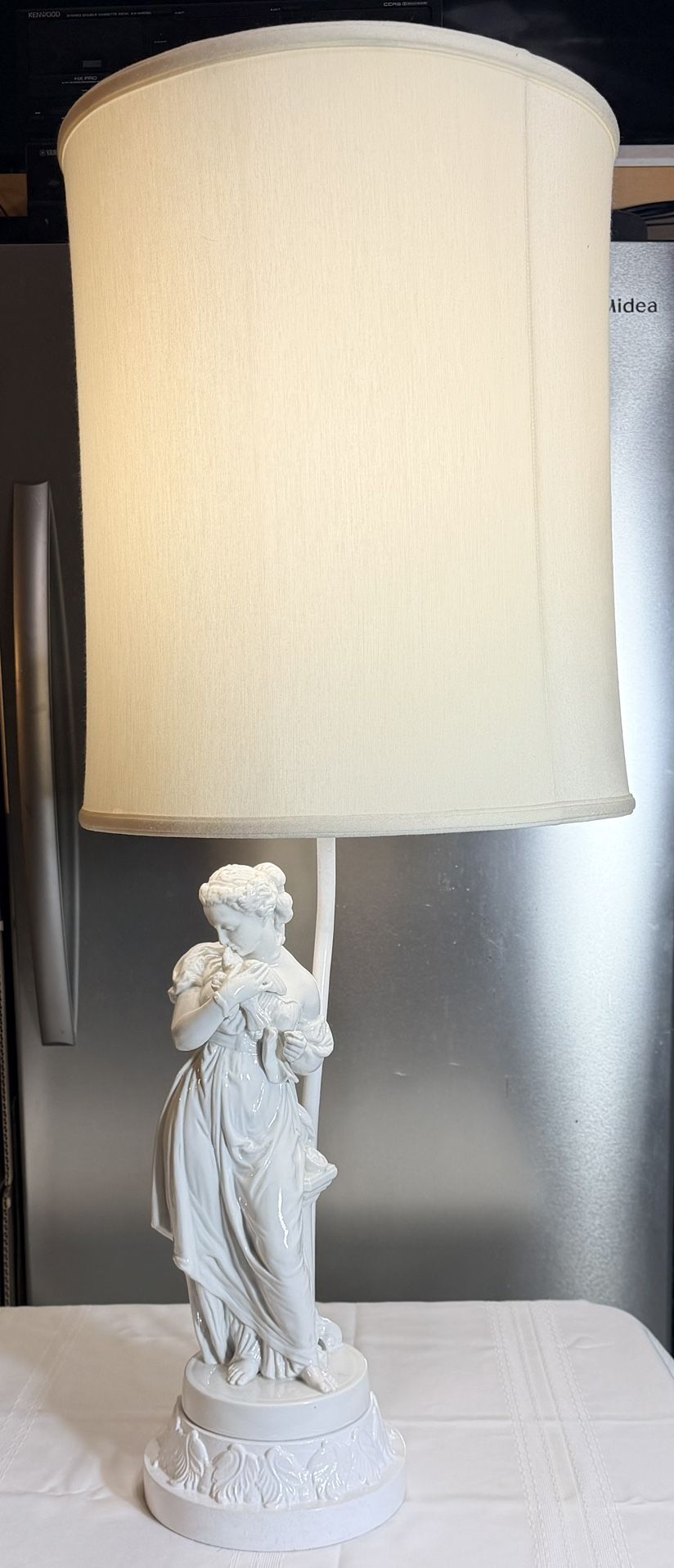 A Beautiful Victorian Parian ware porcelain lamp with a classical female figure.