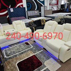 Brand New Stock Only $52 Down White Electric Motion Motorized LED Lighted 2PC Sofa Loveseat Recliner Special