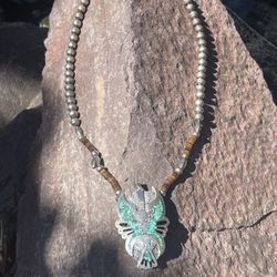 Vintage Peyote Bird Turquoise and Pen Shell Silver Necklace