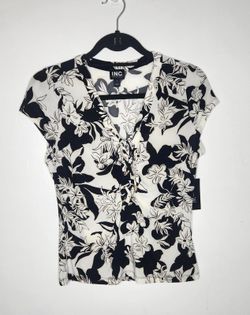 INC International Concepts Blouse Womens Small Black White Floral Lace Up V-Neck