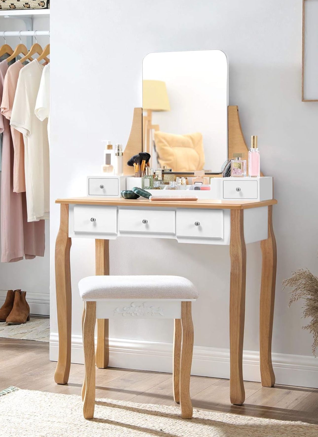 Makeup Vanity Set, Makeup Dressing Table Set with Frameless Mirror for Makeup, 5 Drawers and a Removable Storage Box, Cushioned Stool, Natural & White