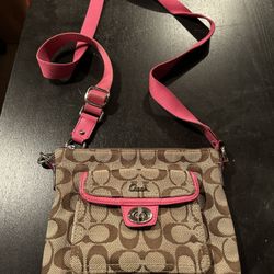 Coach Khaki Brown Swing Pack Pink Strap