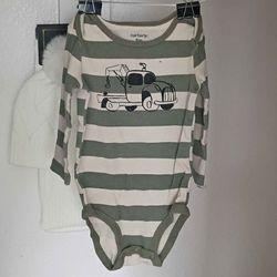 Carter's 9M Striped Tow Truck Long Sleeve Baby Onesie