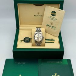 1984 Rolex Datejust 16014 36mm stainless steel jubilee bracelet factory silver stick dial white gold fluted Bezel watch box papers tag