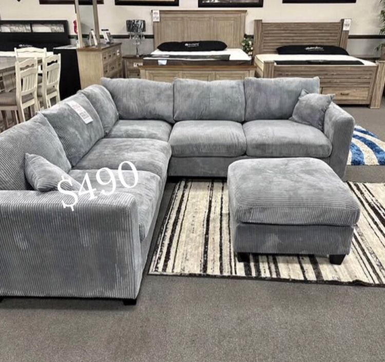 ✅$490 No Tax 4-pc Sectional Sofa With Ottoman Grey Corduroy