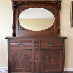 Antique Wood Buffet Sideboard w/ Mirror – Early 1900s