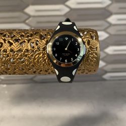 Kate Spade Rumsey Polka Dot Black White Silicone Band Gold Plated Face Watch 8”