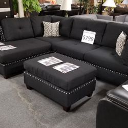 Brand New 104" x 75" Black Linen Reversible Sectional + Ottoman