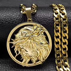 Jesus Gold Thorny Crown Crucifix Men's Pendant in Stainless Steel 22" Chain 