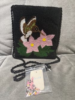 Black Beaded Hummingbird & Pink Flower Crossbody Bag