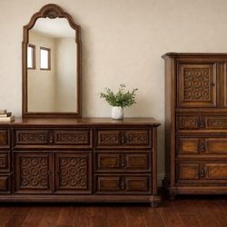 High End  Bedroom Vignette Set –  Carved Dresser & Chest