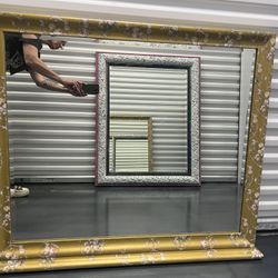 Statement Piece,  Large Vintage Gold Floral Wall Mirror – Hand-Painted with Romantic Transfers