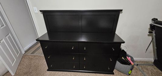 Black dresser ,black  bed headboard and black cabinet with 6  compartments