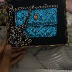Blue Quilted Chain Crossbody Bag With Box