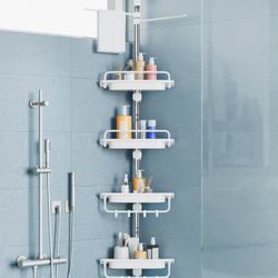 32-122inch Corner Shower Caddy Tension Pole White, Rustproof Drill-Free Shower Shelves for Bathroom Bathtub Washbasin, Adjustable Shower Organizer wit