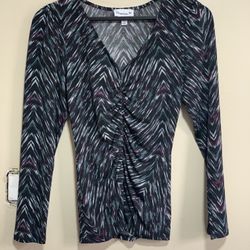 Veronica M Ruched V-Neck Long Sleeve Abstract Print Top XS Made USA