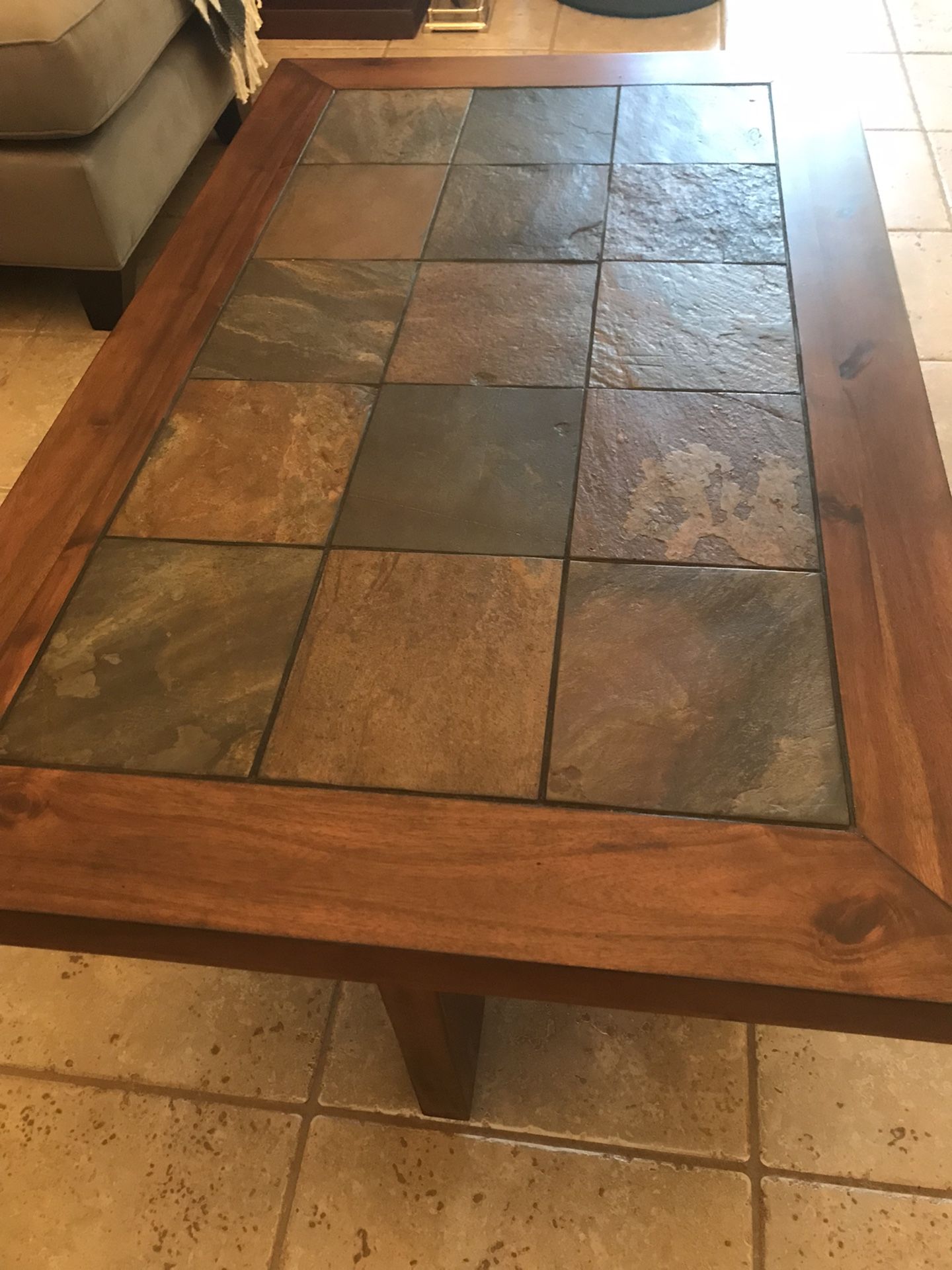 WOODEN SLATE TOP RECTANGULAR AND TWO END TABLES