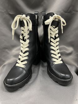 Marc Fisher  Boots Black Leather Moto Buckle Ankle Block Heel Lug Side Zip 7M