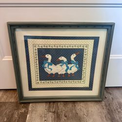 Vintage 1980s Granny core geese w/ blue ribbon matted print picture  18 1/2” w x 16 1/2” tall  Super nice condition  Blue hard resin / plastic frame w