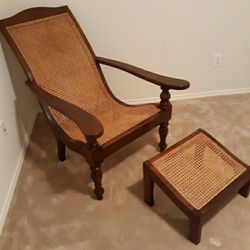 Anglo India British Colonial Plantation Planters Woven Cane Lounge Chair with Ottoman
