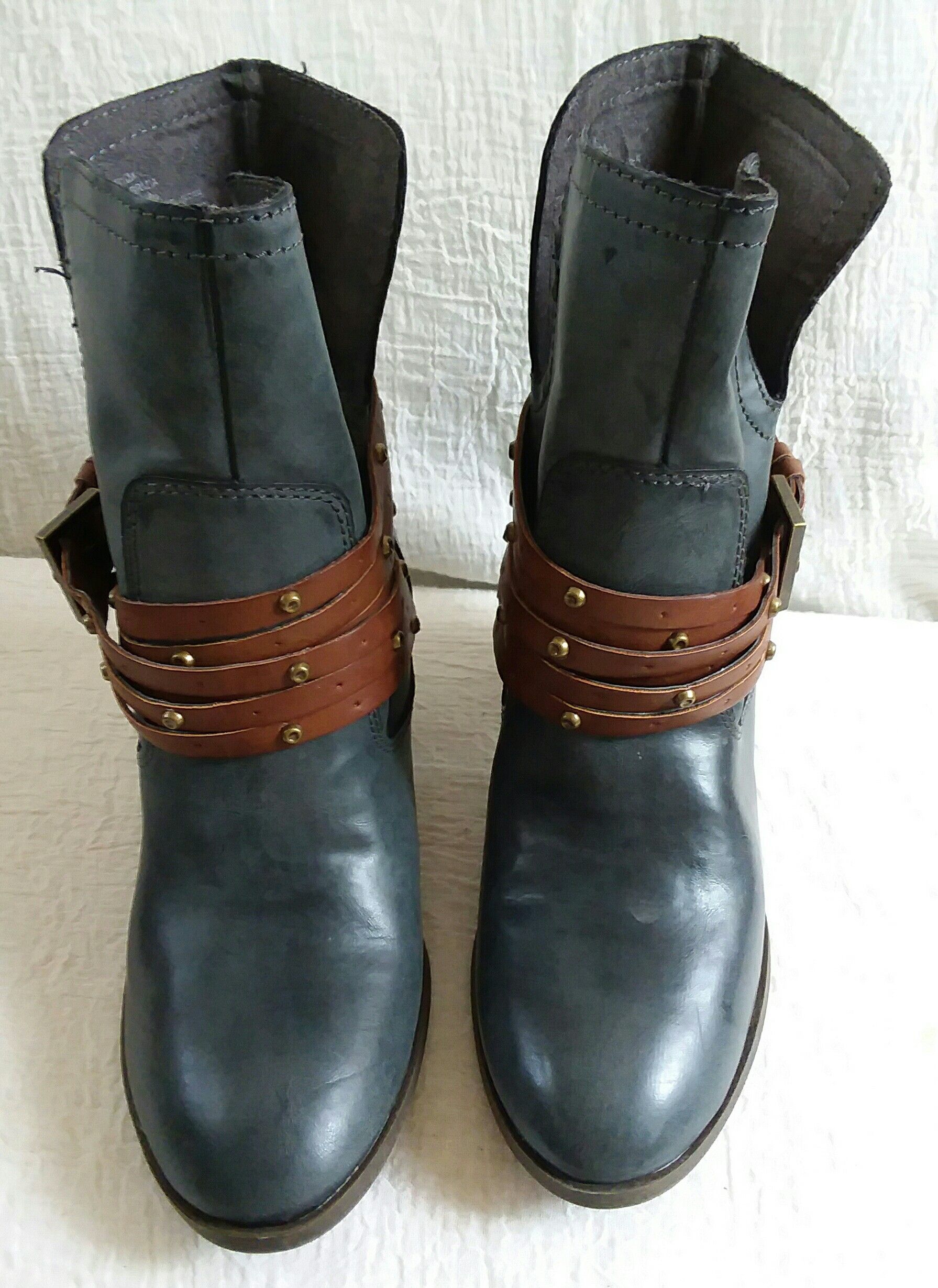 Mia Blue Leather Ankle Boots - Size 8
