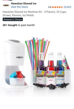 Hawaiian Shaved Ice Machine Kit - 3 Flavors, 25 Cups, Straws, Pourers, Ice Molds