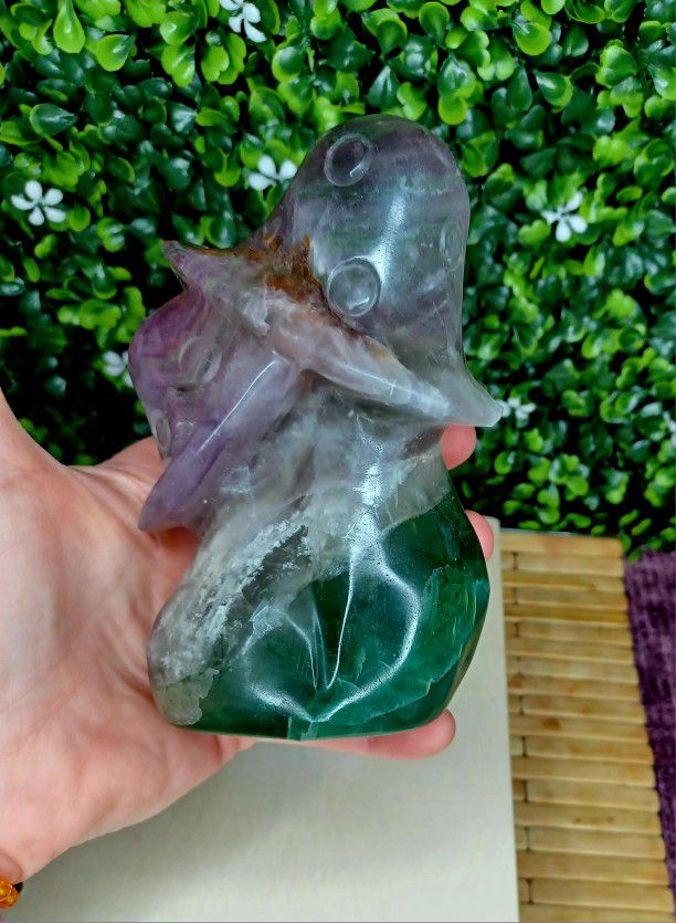 ●~¤ Large Rainbow Fluorite Crystal Double Mushrooms Carving ~ New☆