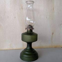 Vintage Pressed Green Glass Kerosene Oil Lamp