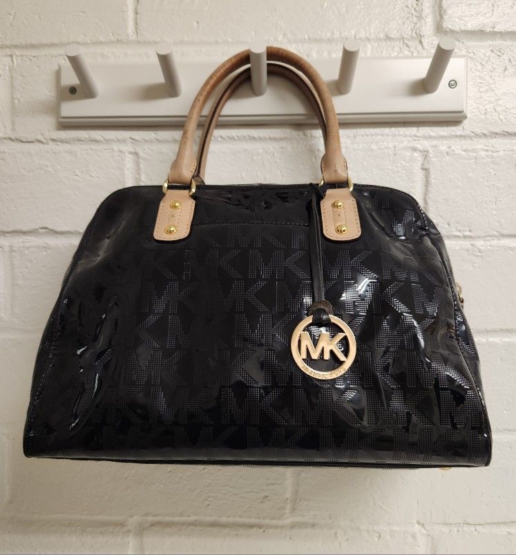 Michael Kors Women's Black Monogram Patent Leather Satchel Top Handle Bag