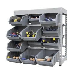 Gray 4-Tier Boltless Bin Storage Shelving System Garage Storage Rack (12 Plastic Bins in 4 Tier)