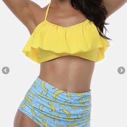 New yellow Ruffle halter neck crop top light blue banana print high waisted Size XL /Extra large bikini/bathing suit/swimwear/swimsuit 