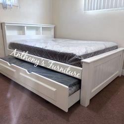 New White Full Size Bed & Bamboo Mattress + Drawers 