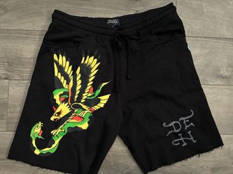 Ed Hardy Graphic Print Sweat Shorts Skull Drawstring Pockets Medium Y2K Black