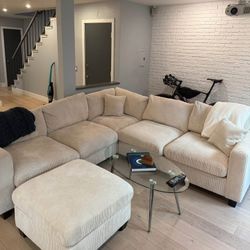 New Sectional Sofa With Ottoman Ivory Corduroy 