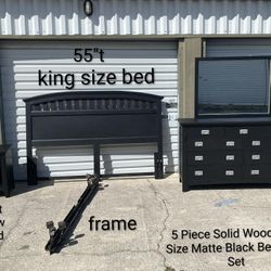 5 Piece King Size Solid Wood Matte Black Bedroom Set