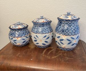 Set Of 4 Old World Blue Temptations Canisters and Baking Dish